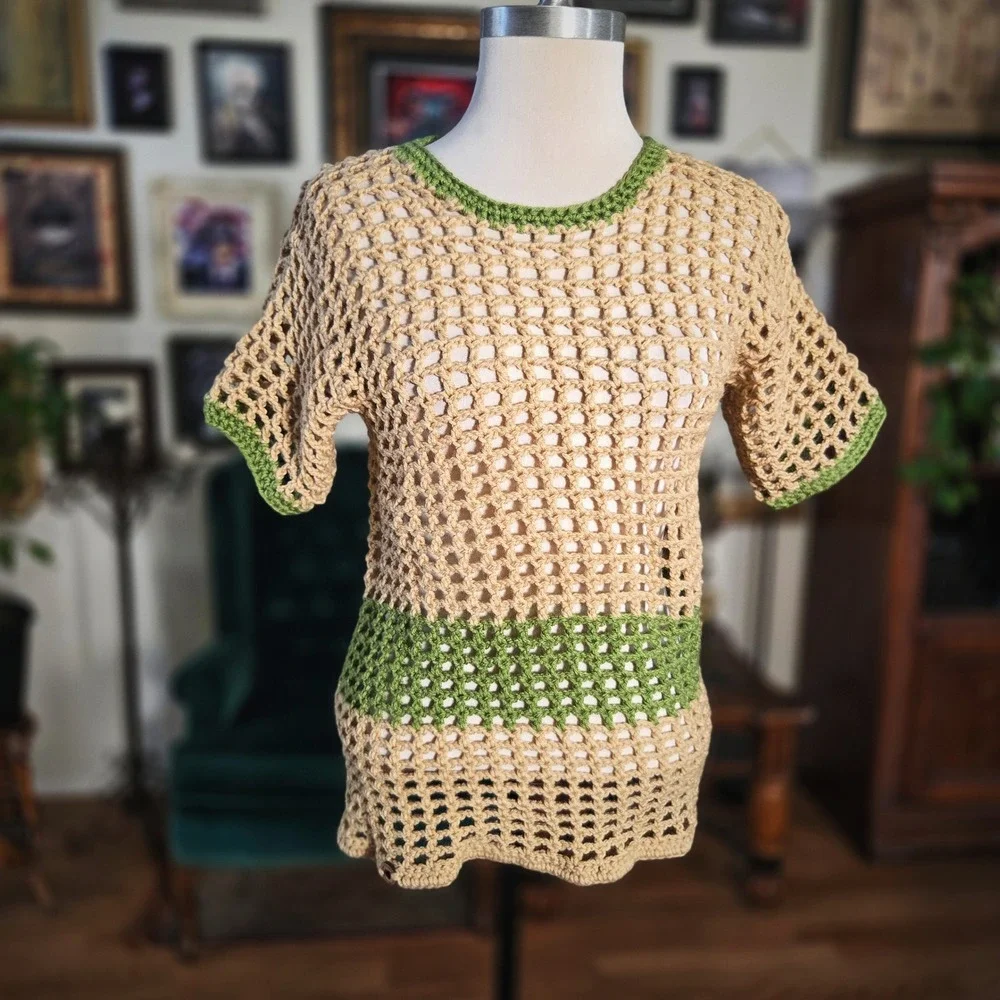 Samz‎ Creationz Handmade Crochet Mesh Top Tan Green Boho Open Knit Short Sleeve